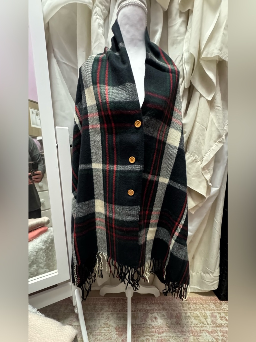 Source Unknown Black, Cream & Red Plaid Button Cape